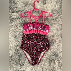 CiRCo Girl One Piece Ruffled Multi-Color Bathing Suit with Criss-Cross Back 5T